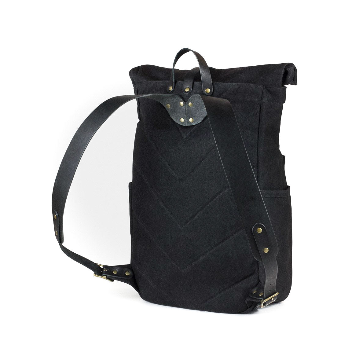 Roll Top Backpack Black Waxed Canvas & Black Leather