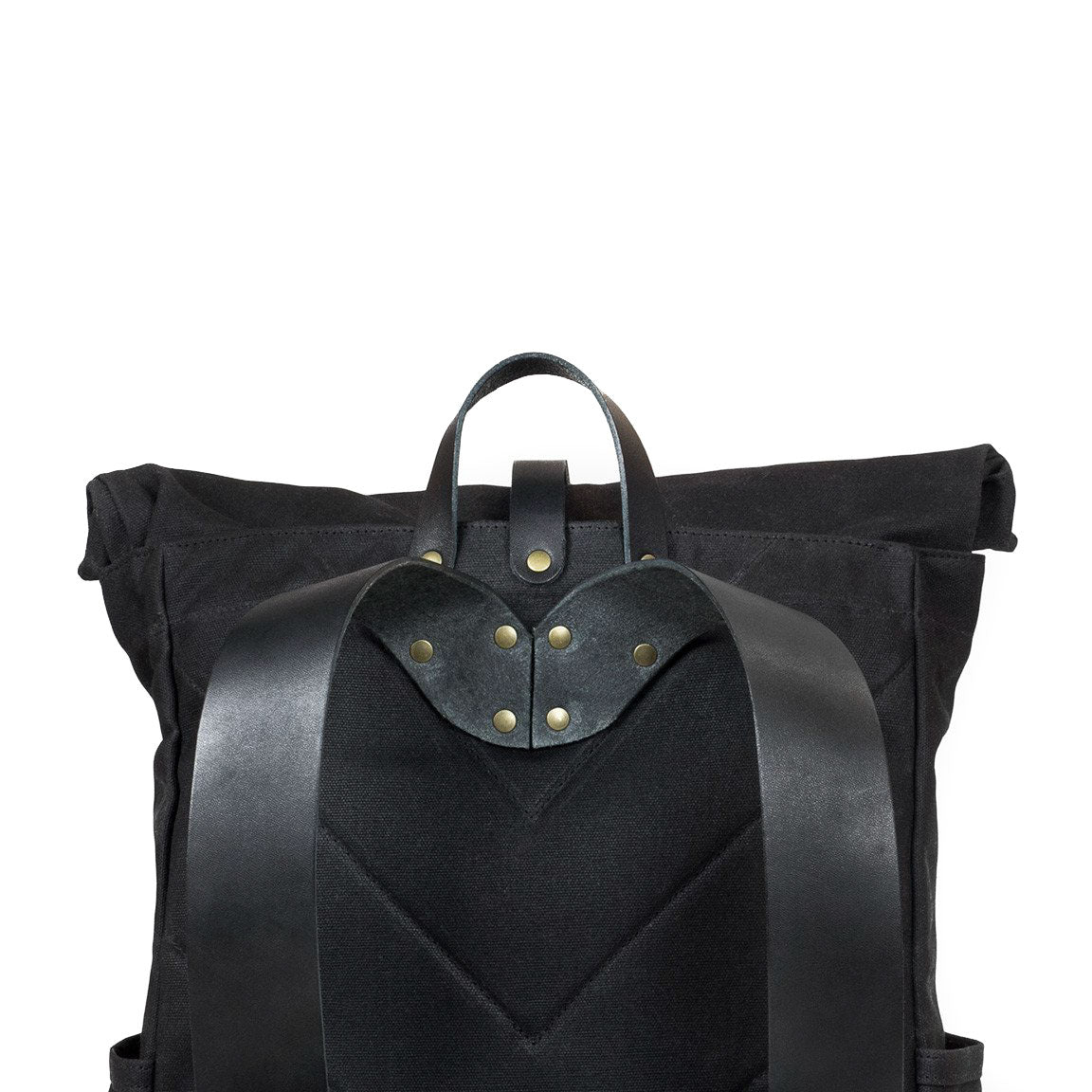 Roll Top Backpack Black Waxed Canvas & Black Leather