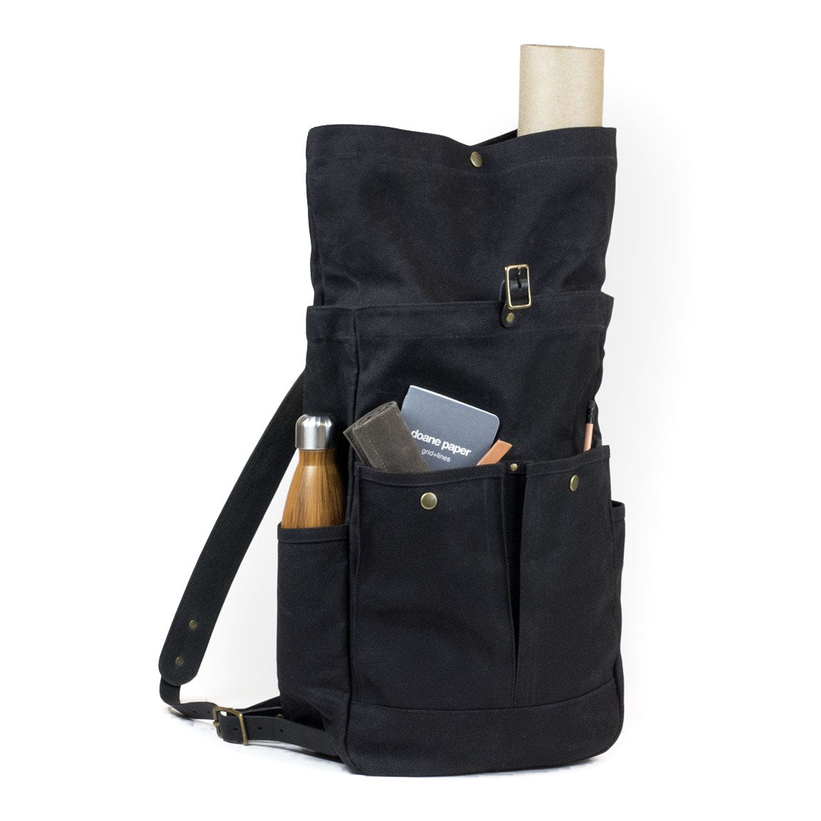 Roll Top Backpack Black Waxed Canvas & Black Leather