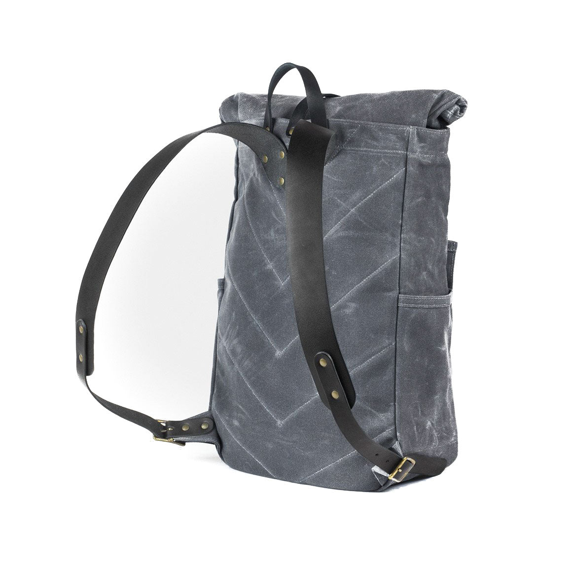 Roll Top Backpack Grey Waxed Canvas & Black Leather