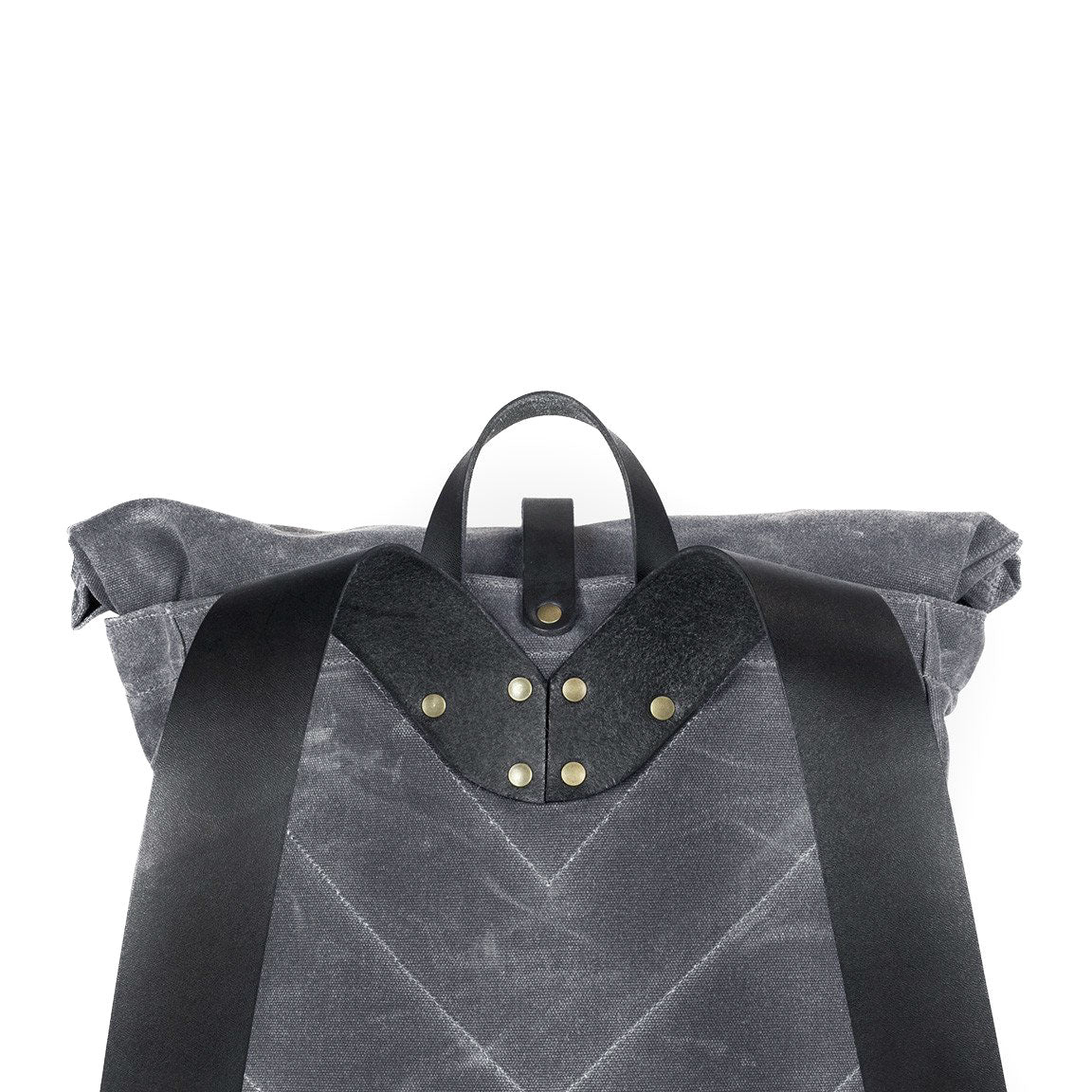 Roll Top Backpack Grey Waxed Canvas & Black Leather