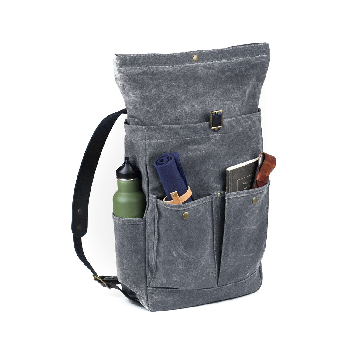 Roll Top Backpack Grey Waxed Canvas & Black Leather