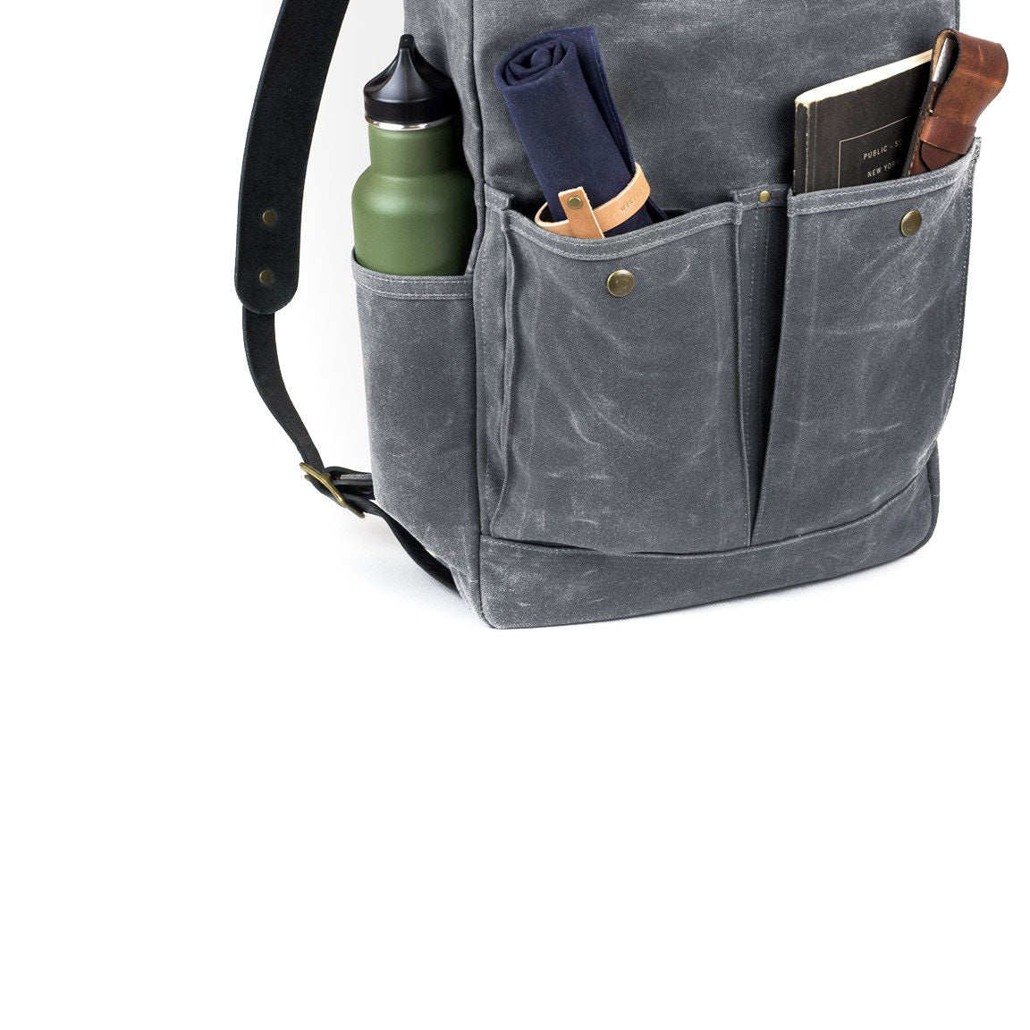 Roll Top Backpack Grey Waxed Canvas & Black Leather