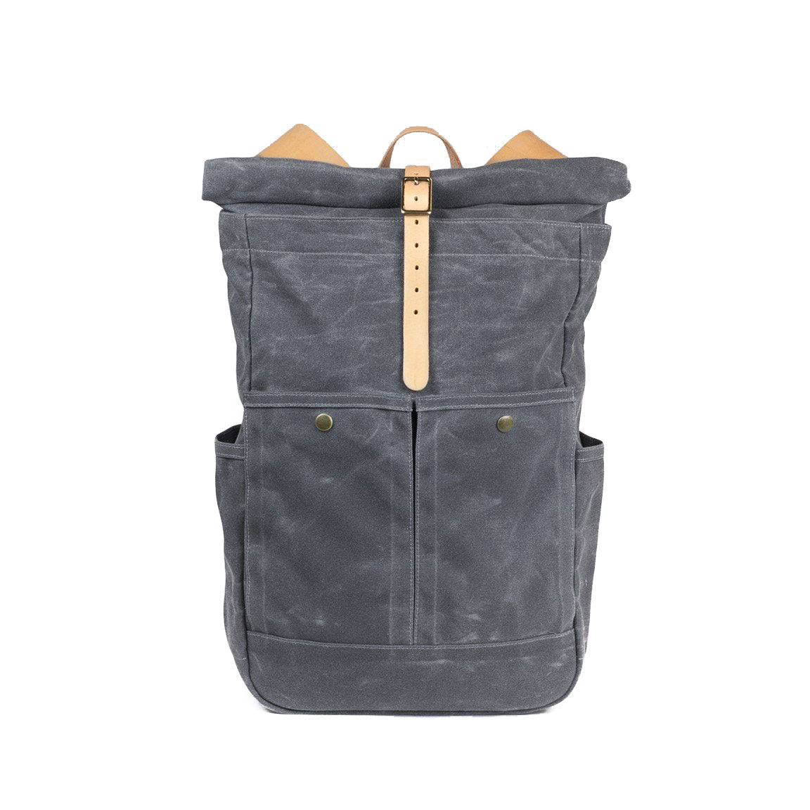Roll Top Backpack Grey Waxed Canvas & Natural Leather
