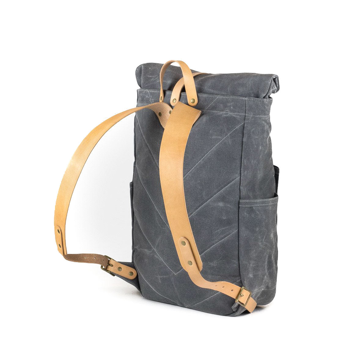 Roll Top Backpack Grey Waxed Canvas & Natural Leather