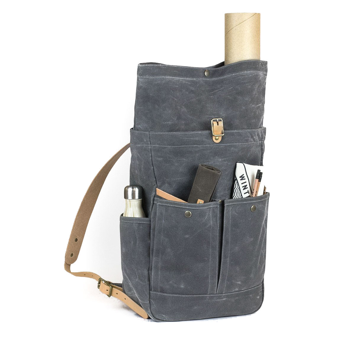 Roll Top Backpack Grey Waxed Canvas & Natural Leather