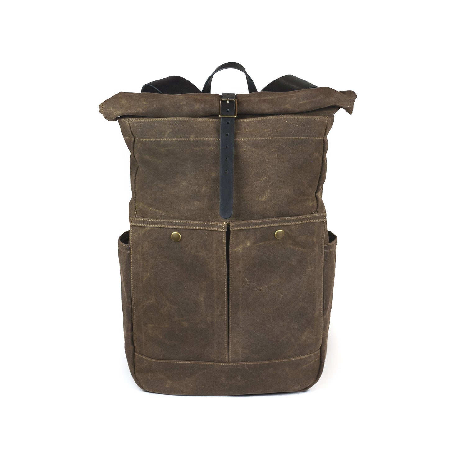 Roll Top Backpack Tan Waxed Canvas & Black Leather