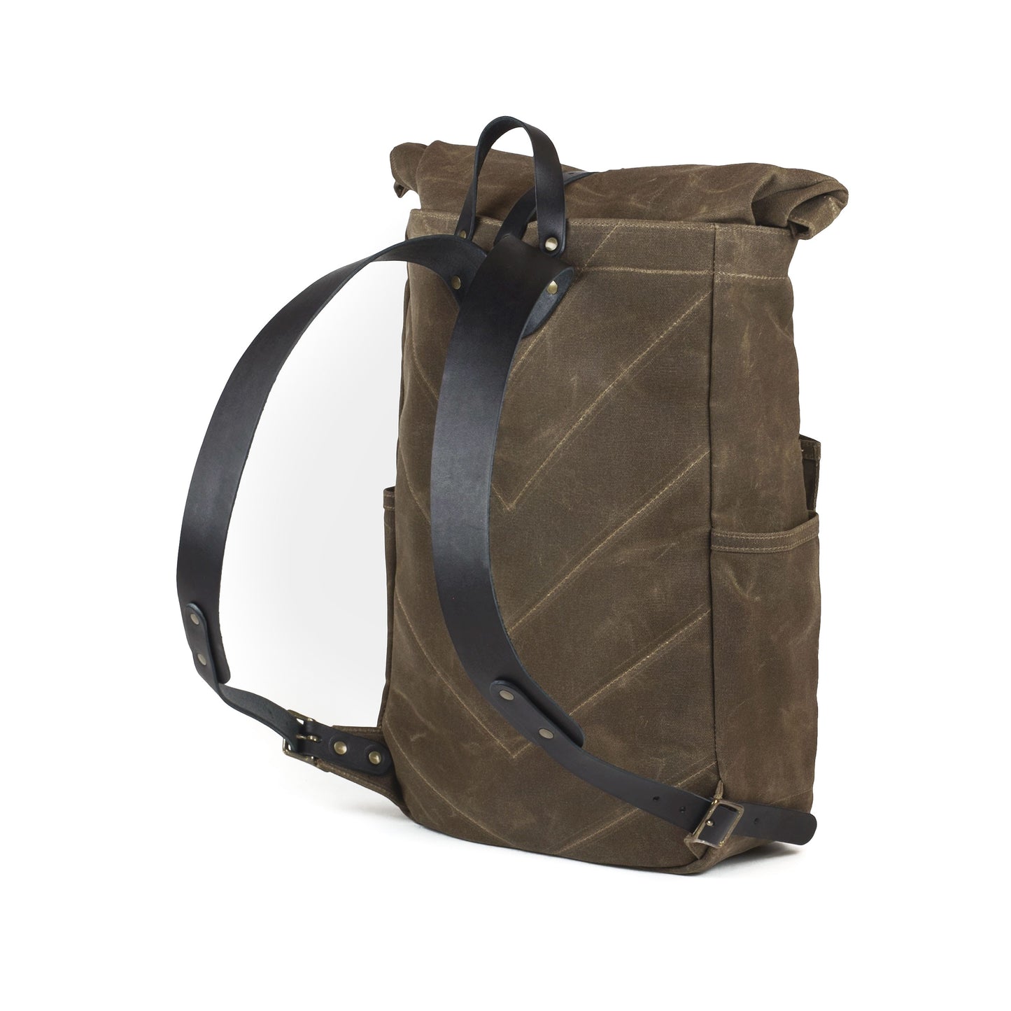 Roll Top Backpack Tan Waxed Canvas & Black Leather