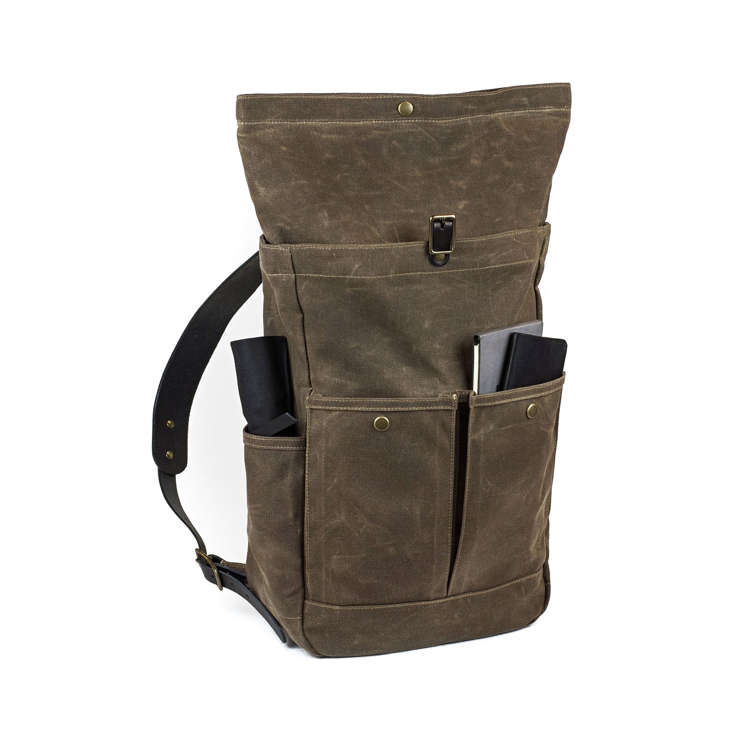 Roll Top Backpack Tan Waxed Canvas & Black Leather