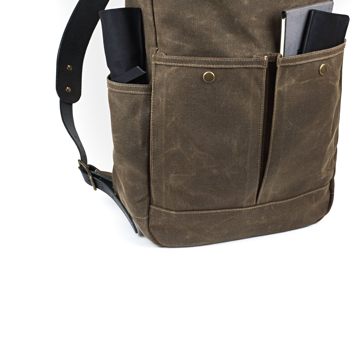 Roll Top Backpack Tan Waxed Canvas & Black Leather