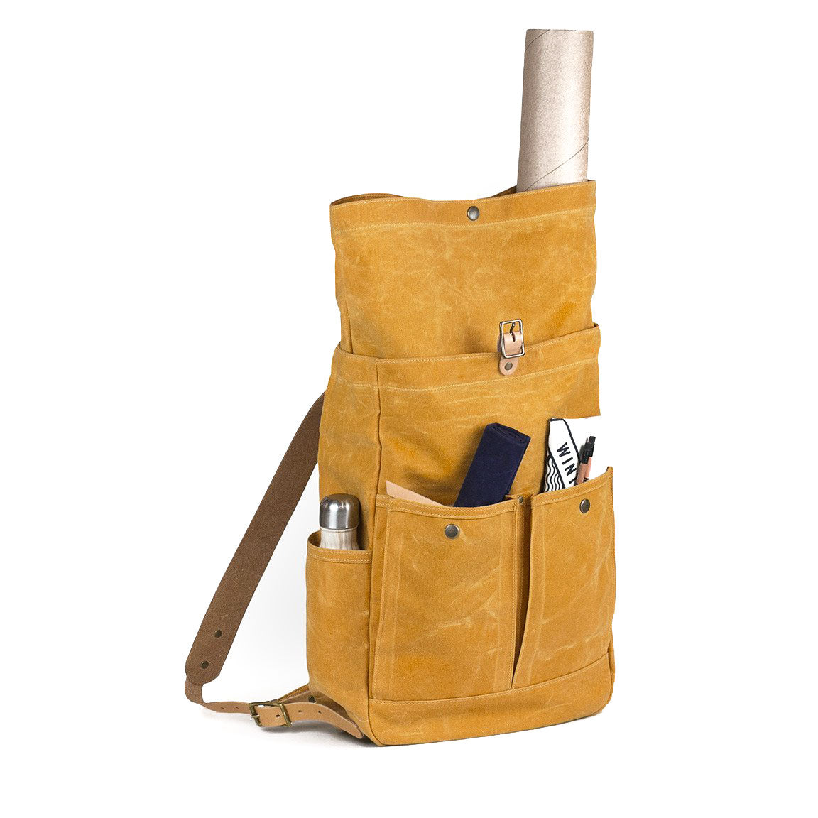 Roll Top Backpack Yellow Waxed Canvas & Natural Leather
