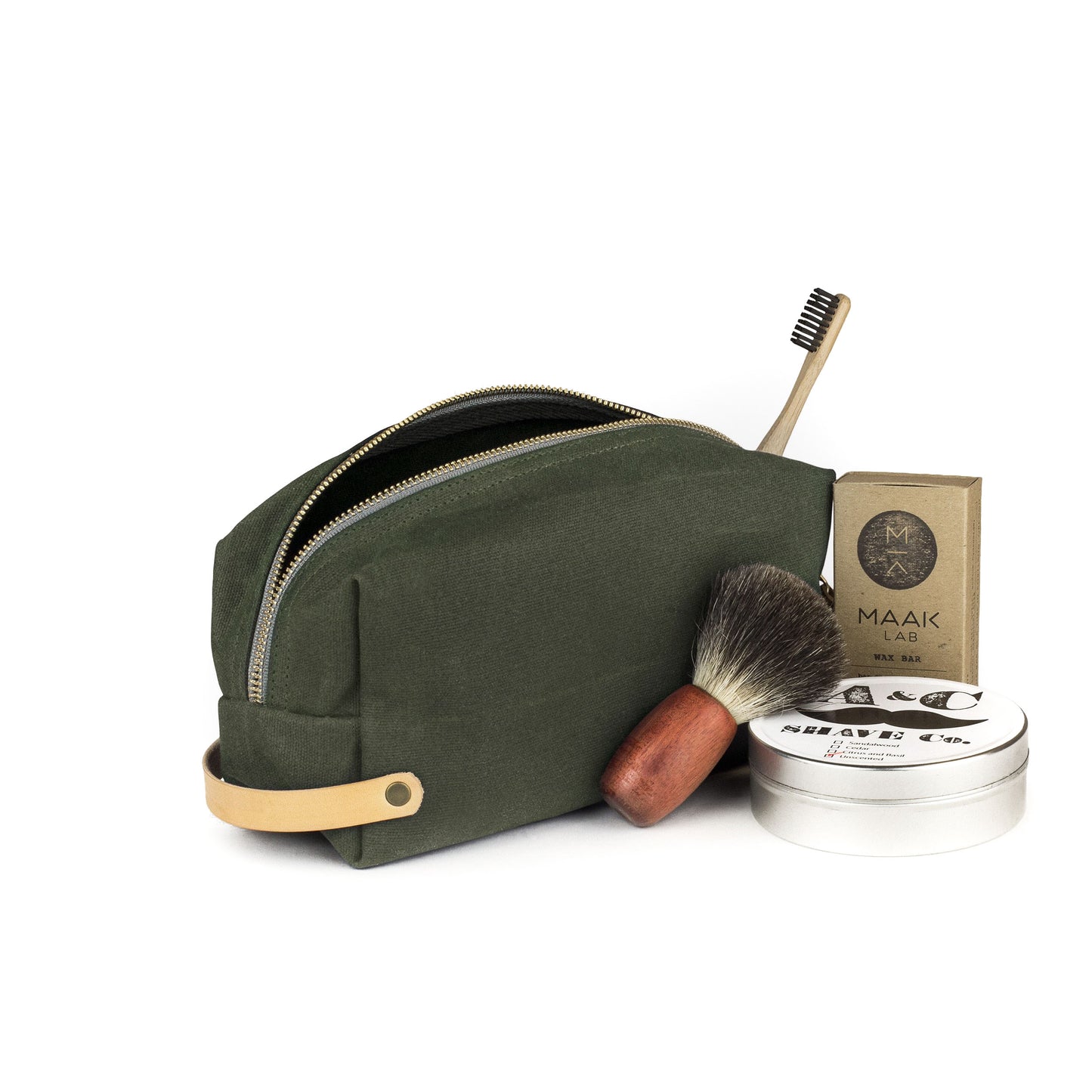 Dopp Kit Green Waxed Canvas & Natural Leather