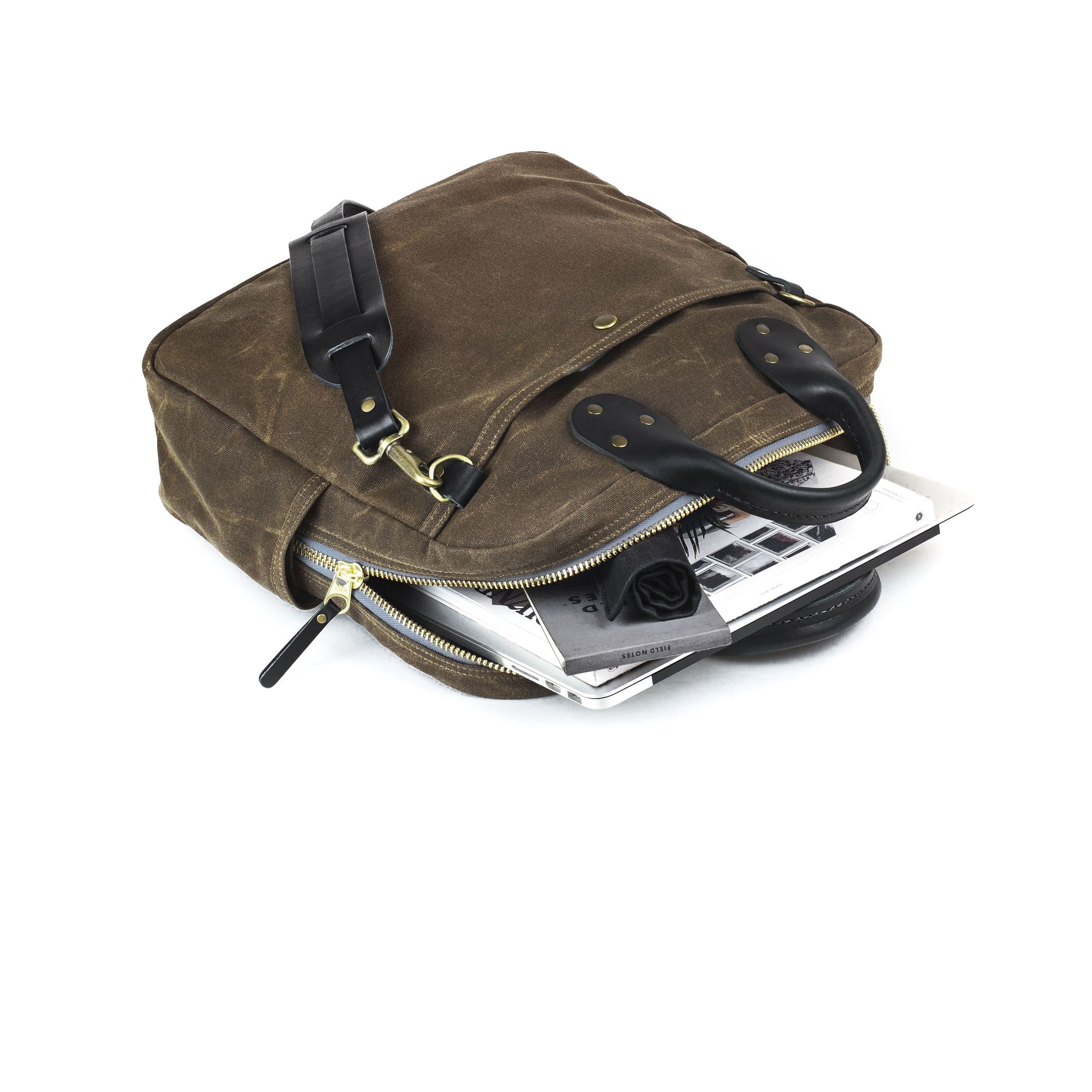 Everyday Bag Tan Waxed Canvas & Black Leather