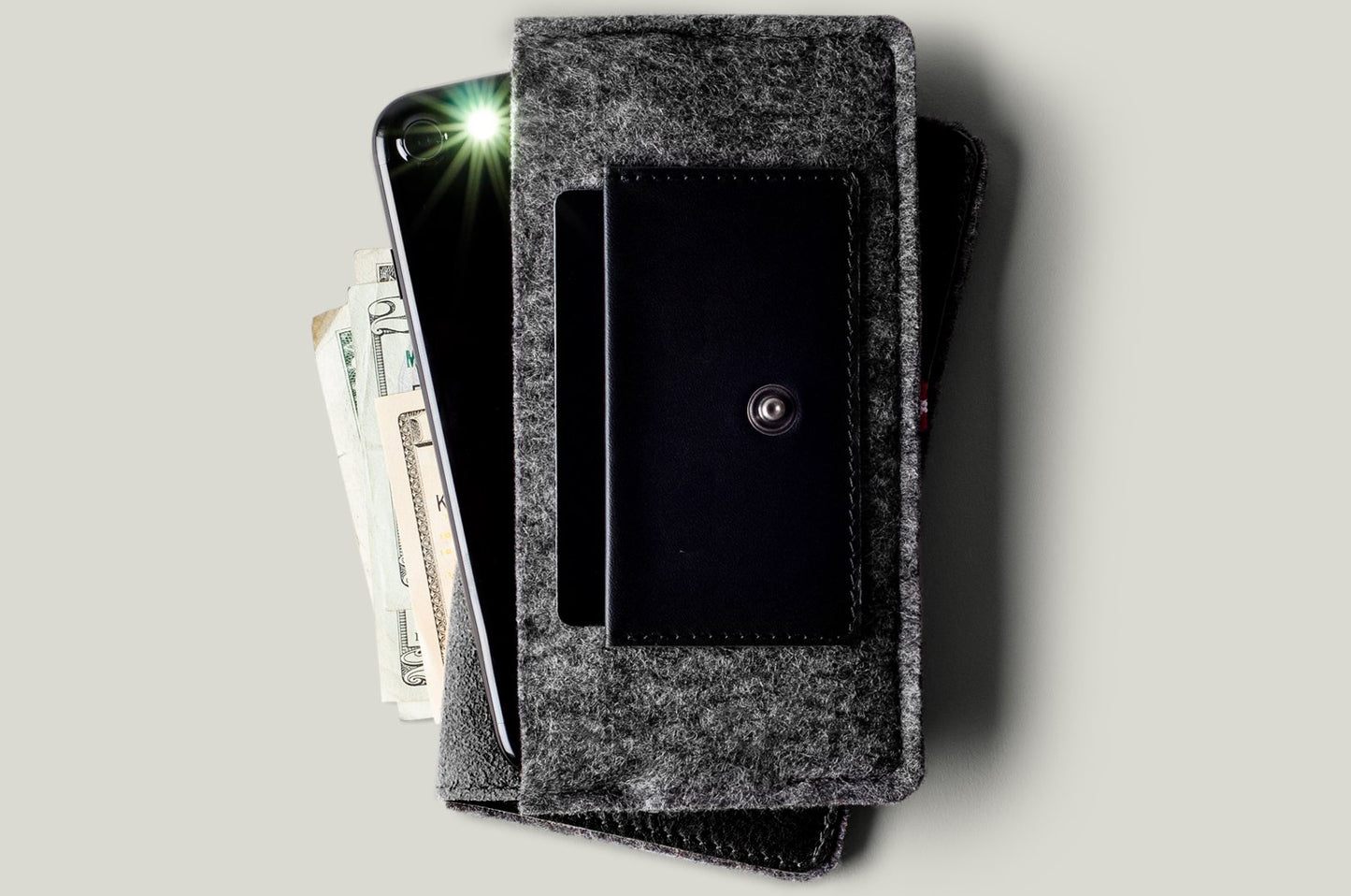 iPhone Case Fold & Wallet Gray Felt / Black Leather