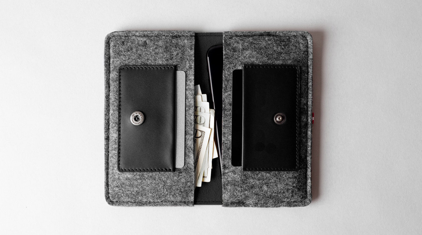 iPhone Case Fold & Wallet Gray Felt / Black Leather