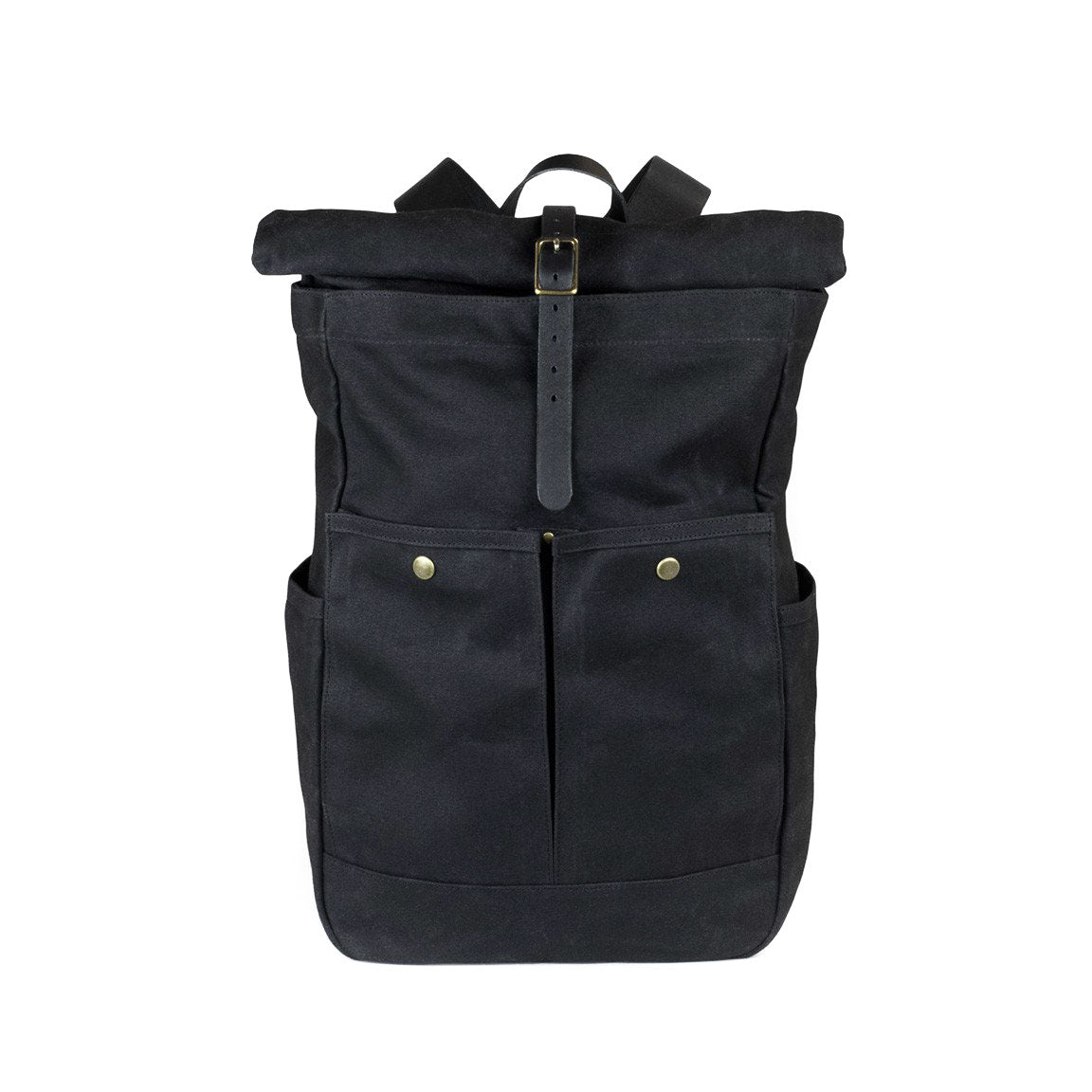 Roll Top Backpack Black Waxed Canvas & Black Leather