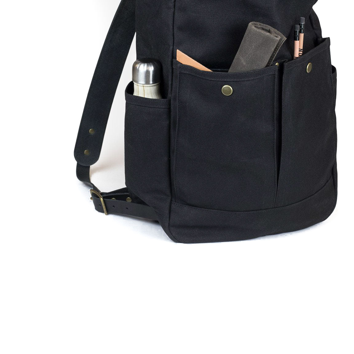Roll Top Backpack Black Waxed Canvas & Black Leather