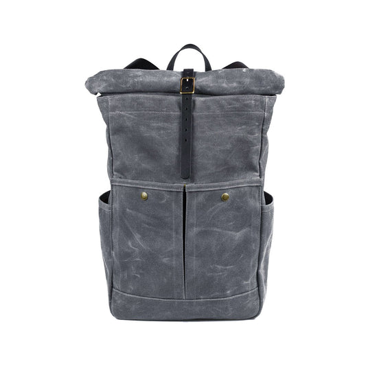 Roll Top Backpack Grey Waxed Canvas & Black Leather