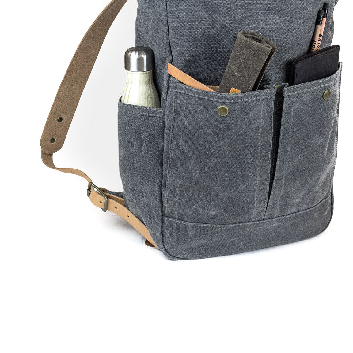 Roll Top Backpack Grey Waxed Canvas & Natural Leather