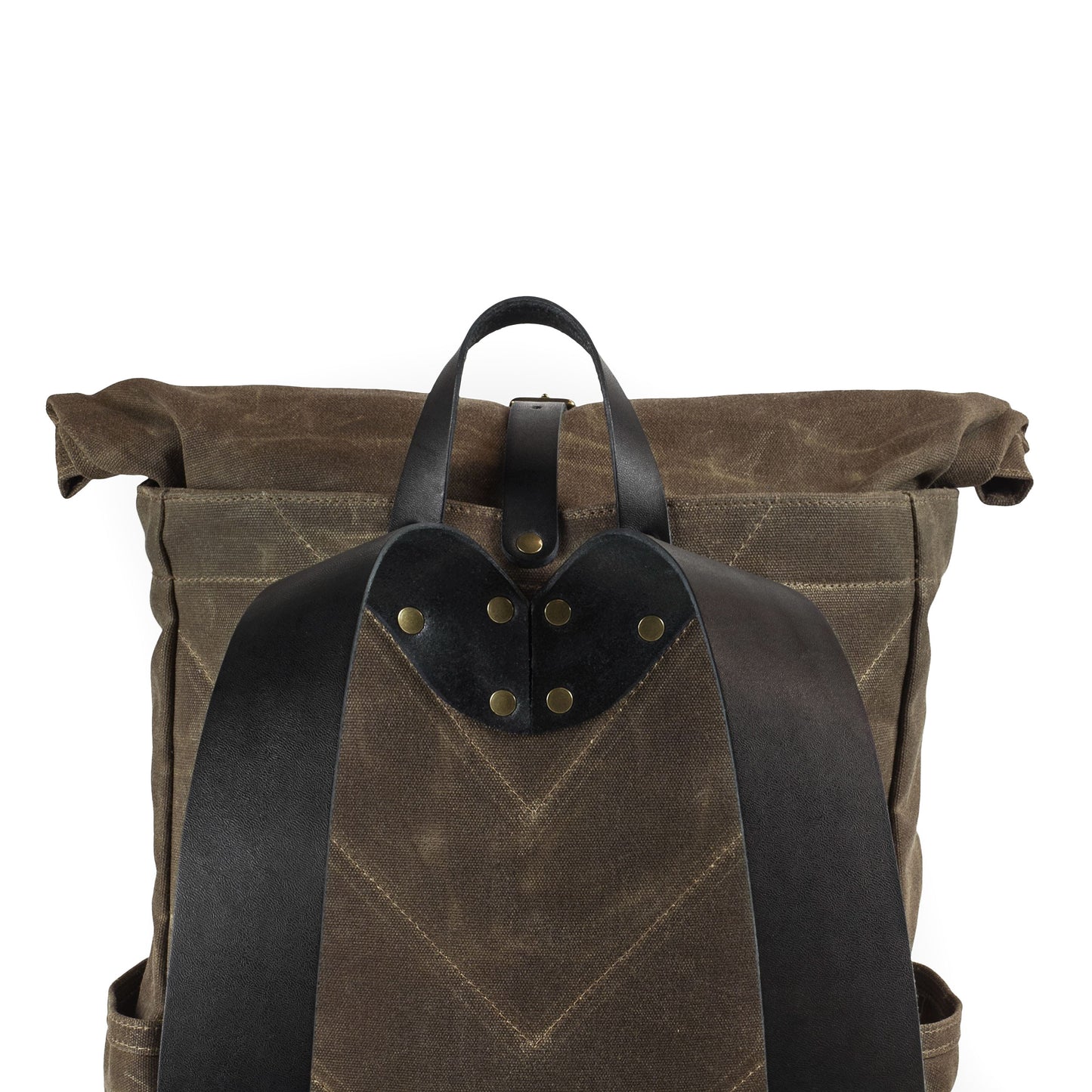 Roll Top Backpack Tan Waxed Canvas & Black Leather