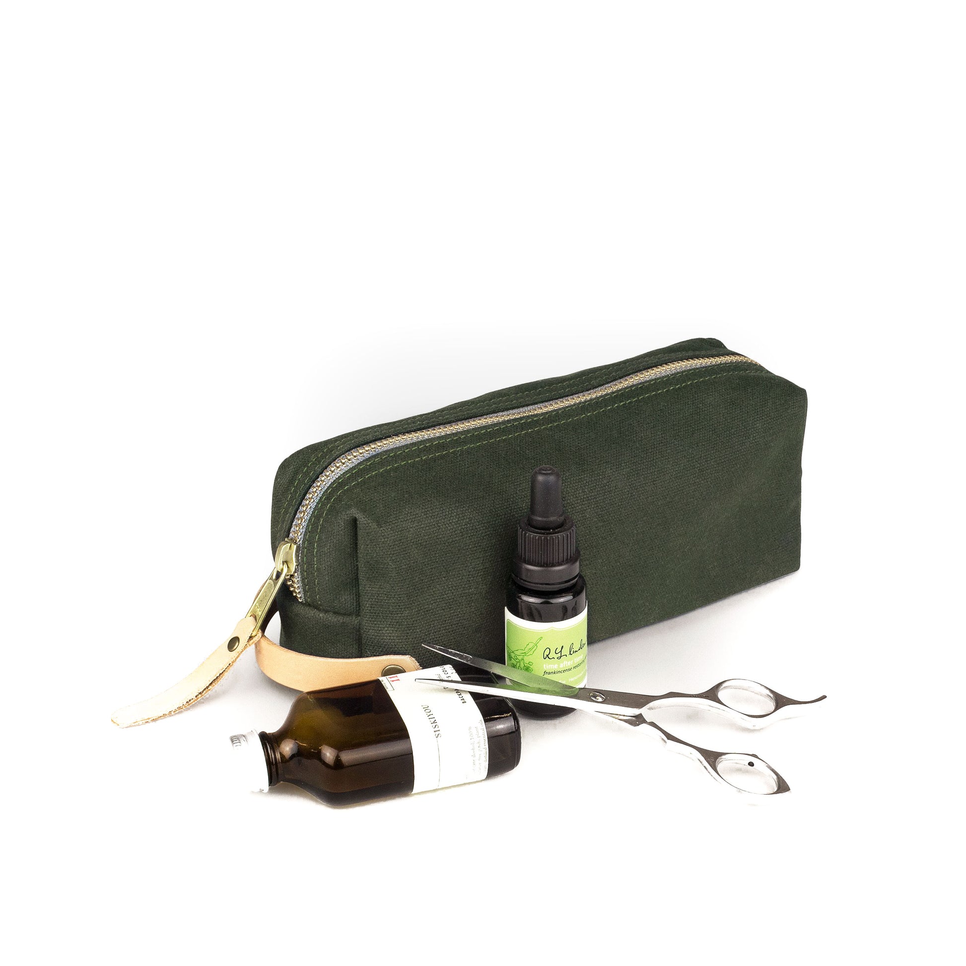 Dopp Kit Green Waxed Canvas  & Natural Leather