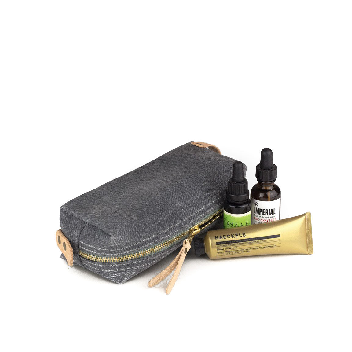 Dopp Kit Grey Waxed Canvas  & Natural Leather