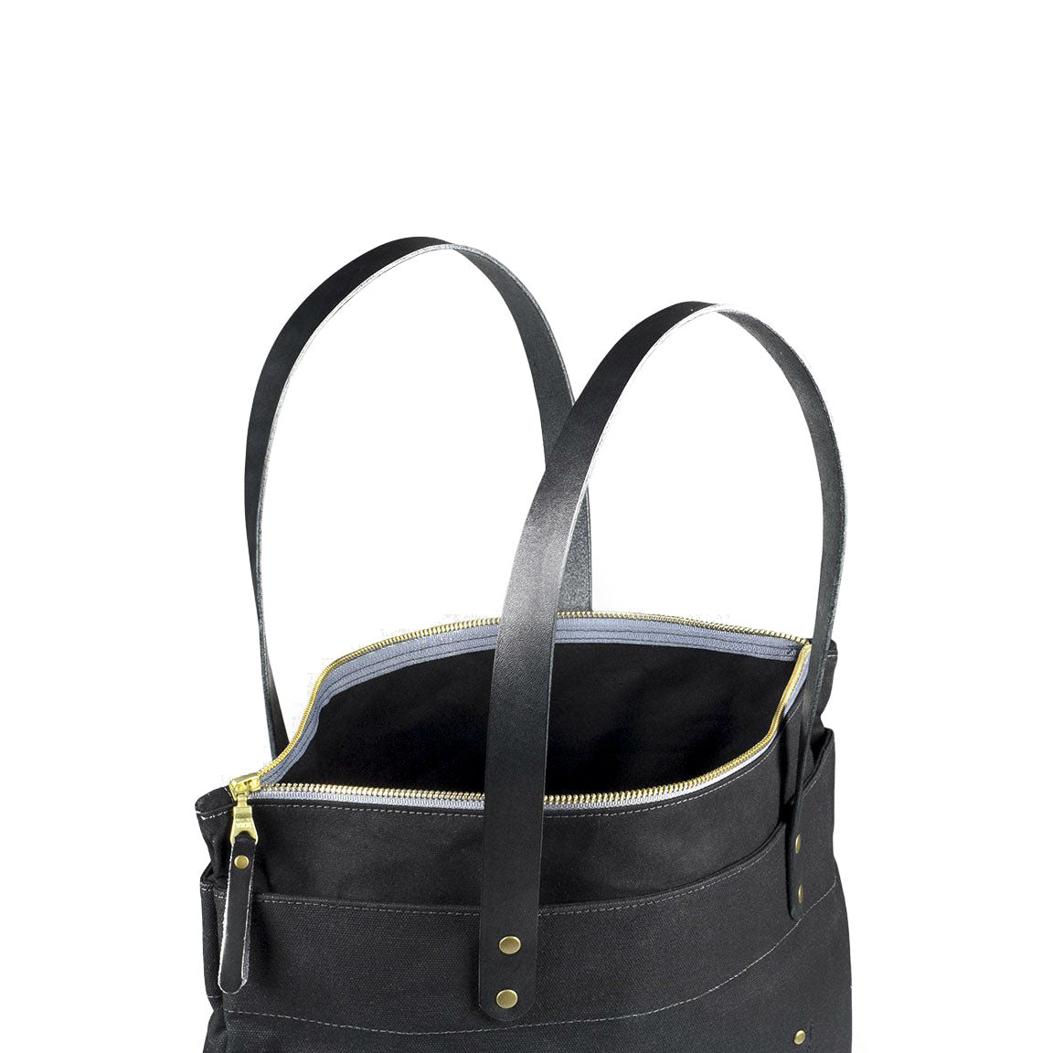 Zipper Tote Black Waxed Canvas & Black Leather