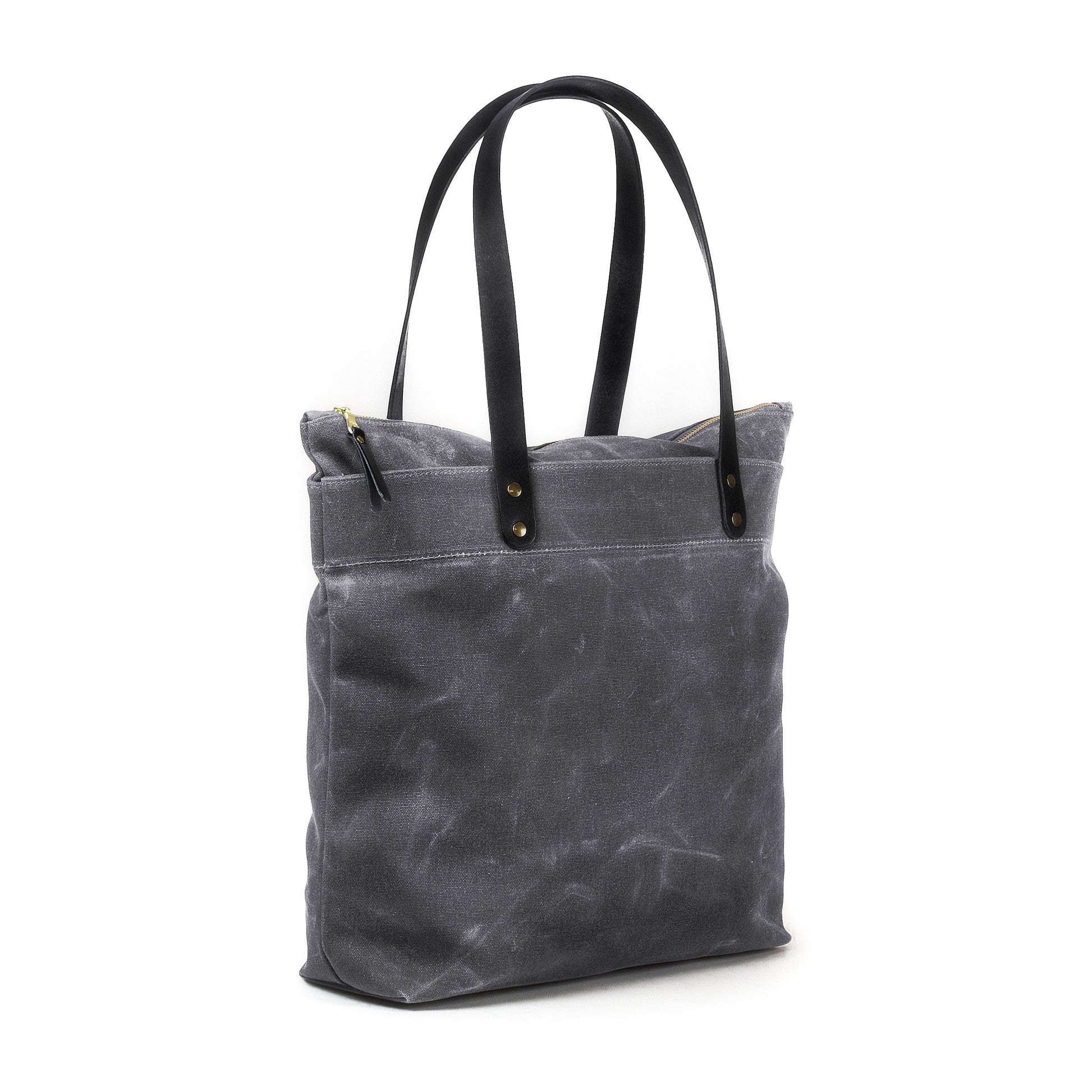 Zipper Tote Grey Waxed Canvas & Black Leather