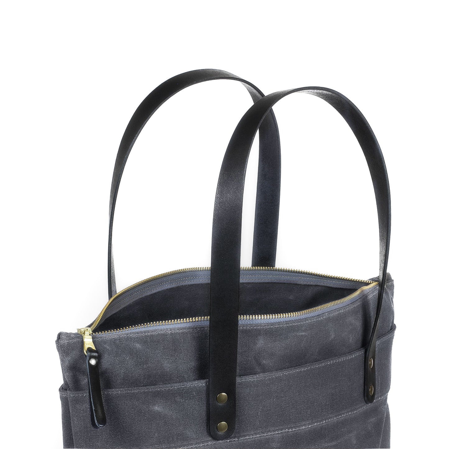 Zipper Tote Grey Waxed Canvas & Black Leather
