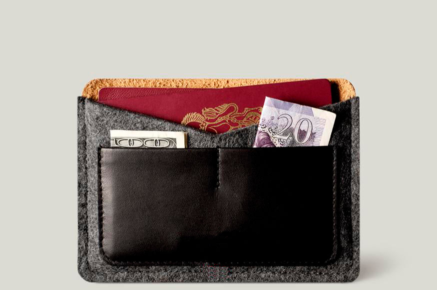 Passport Wallet Gray Felt / Tan & Black Leather
